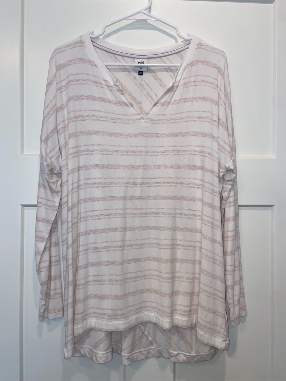 M CAbi  Long-Sleeve V-Neck Stripe Top in White and Light Pink